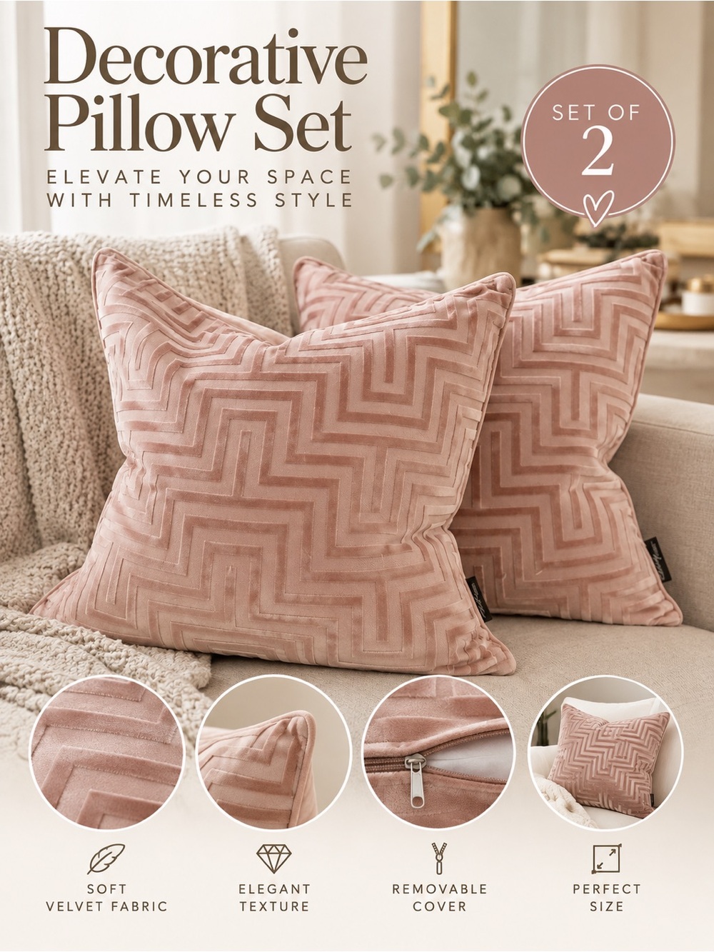 Velvet Geometric Accent Pillow Set - Blush Pink (Set of 2)